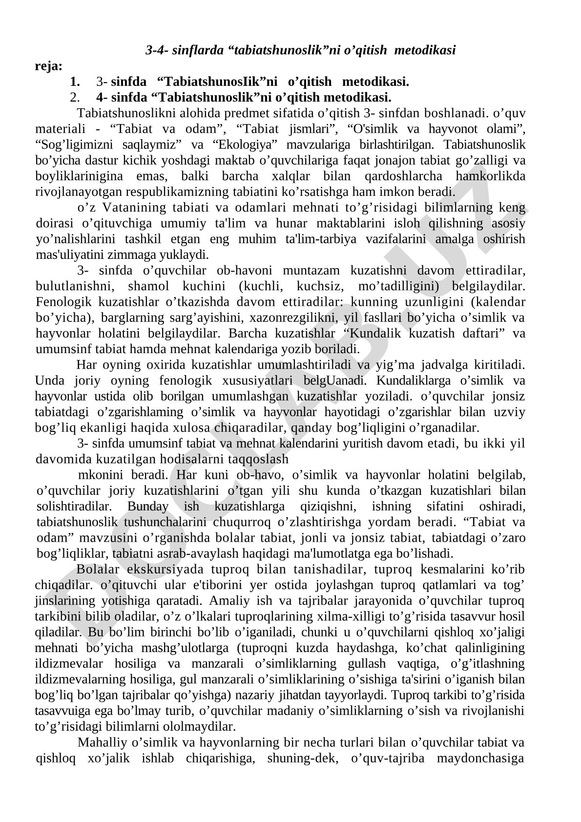 3-4 sinflarda tabiatshunoslikni o'qitish metodikasi