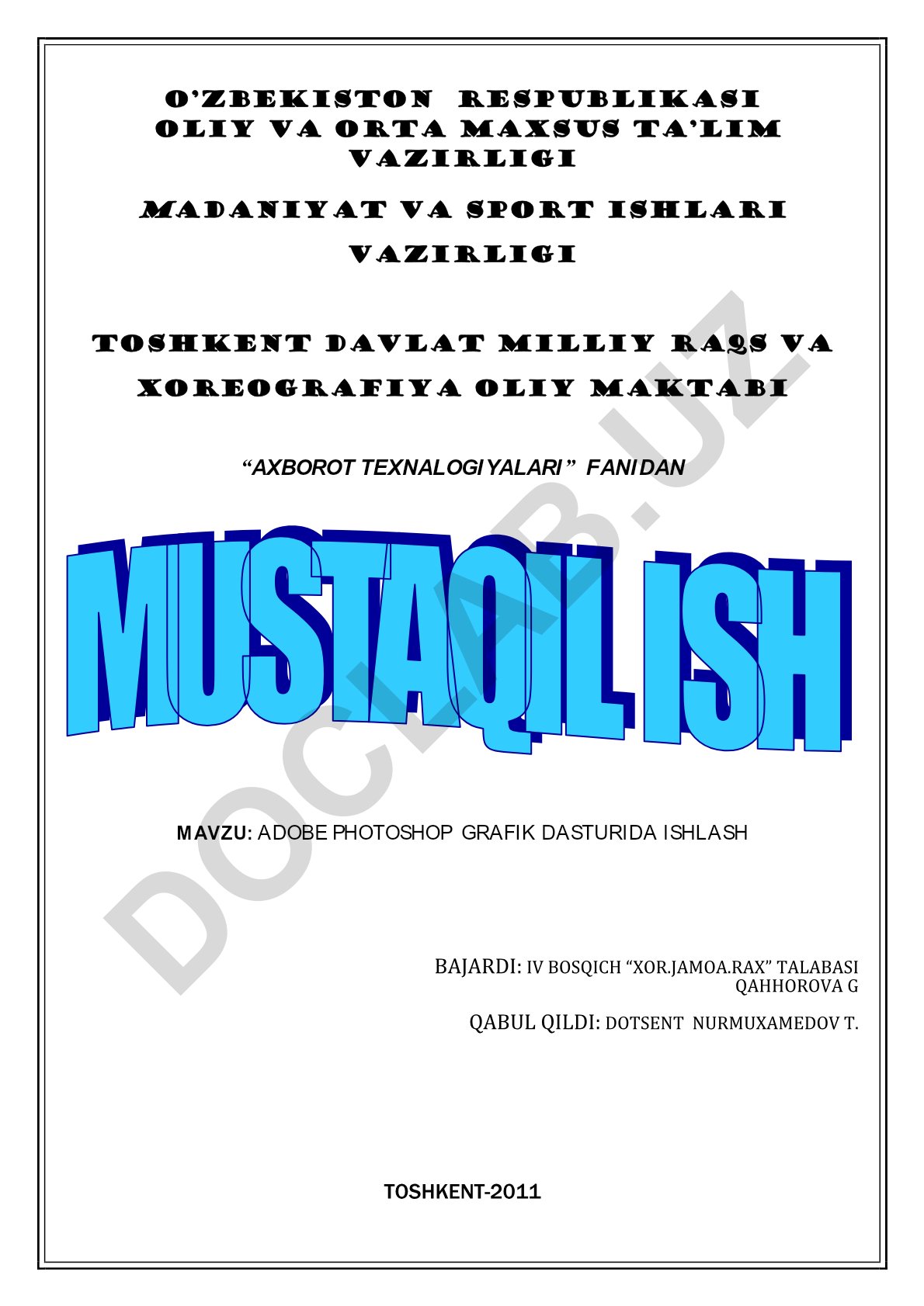 Adobe Photoshop grafik dasturida ishlash