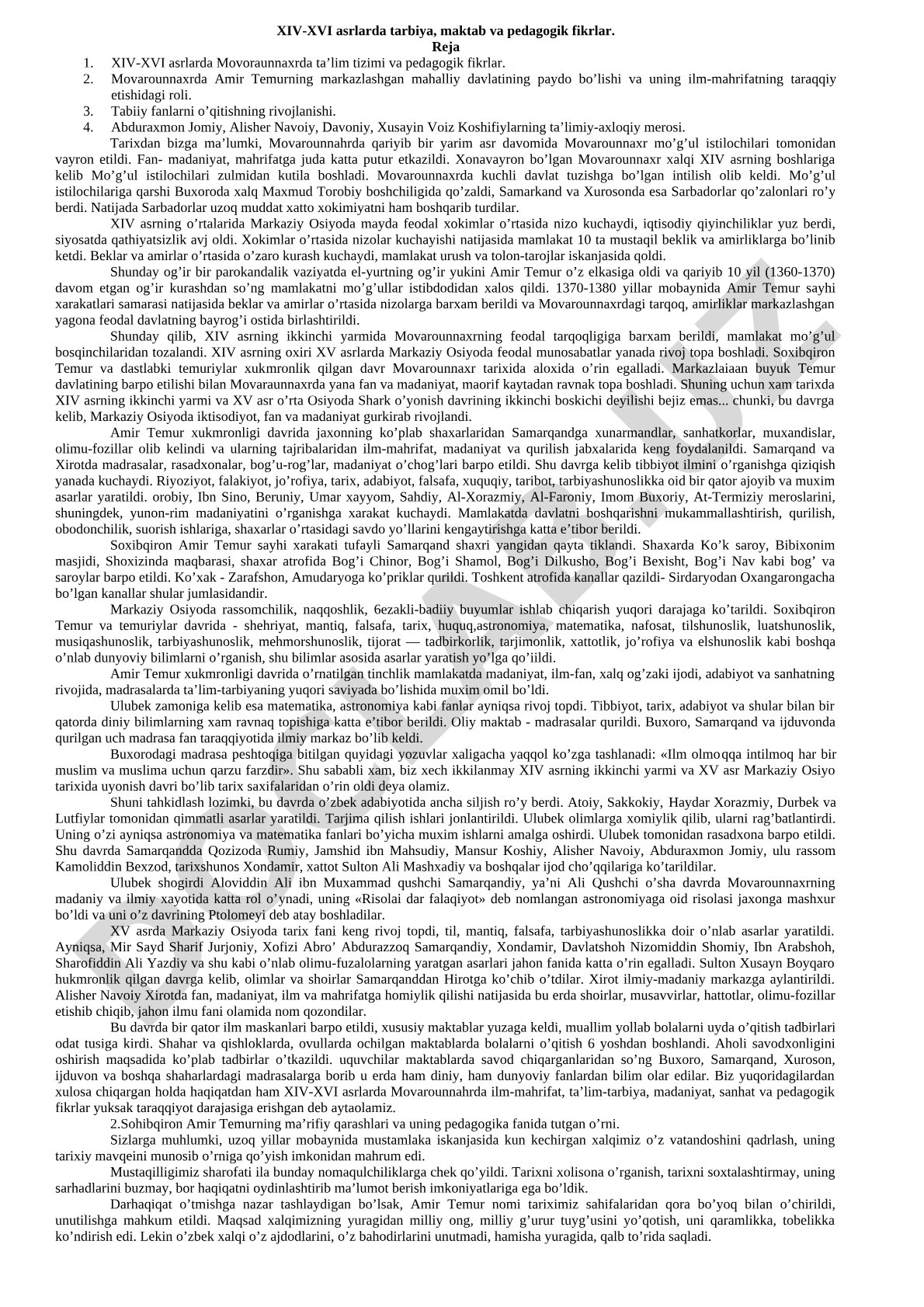 XIV-XVI asrlarda tarbiya, maktab va pedagogik fikrlar