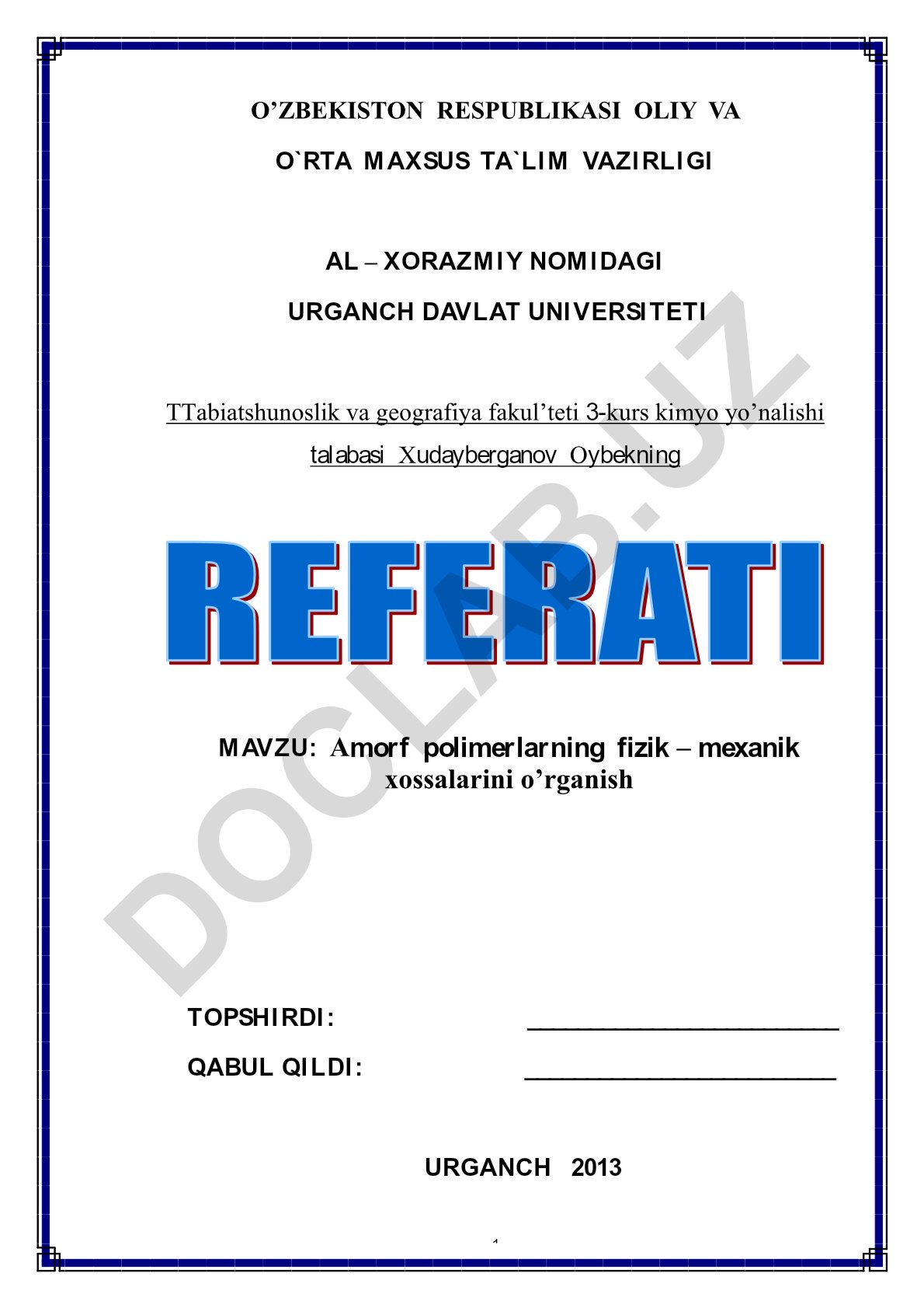 Amorf polimerlarning fizik-mexanik xossalari