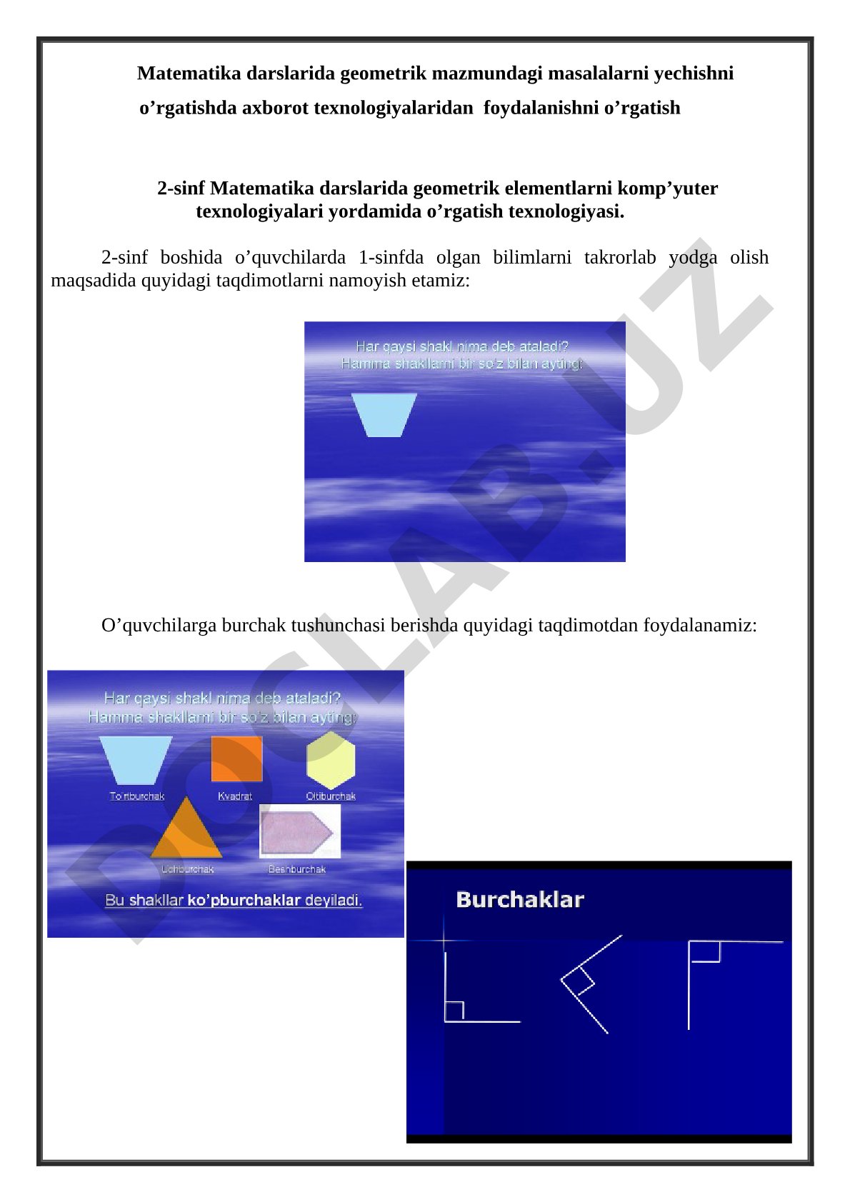 Matematika darslarida geometrik mazmundagi masalalarni yechishni o‘rgatishda axborot texnologiyalaridan foydalanish
