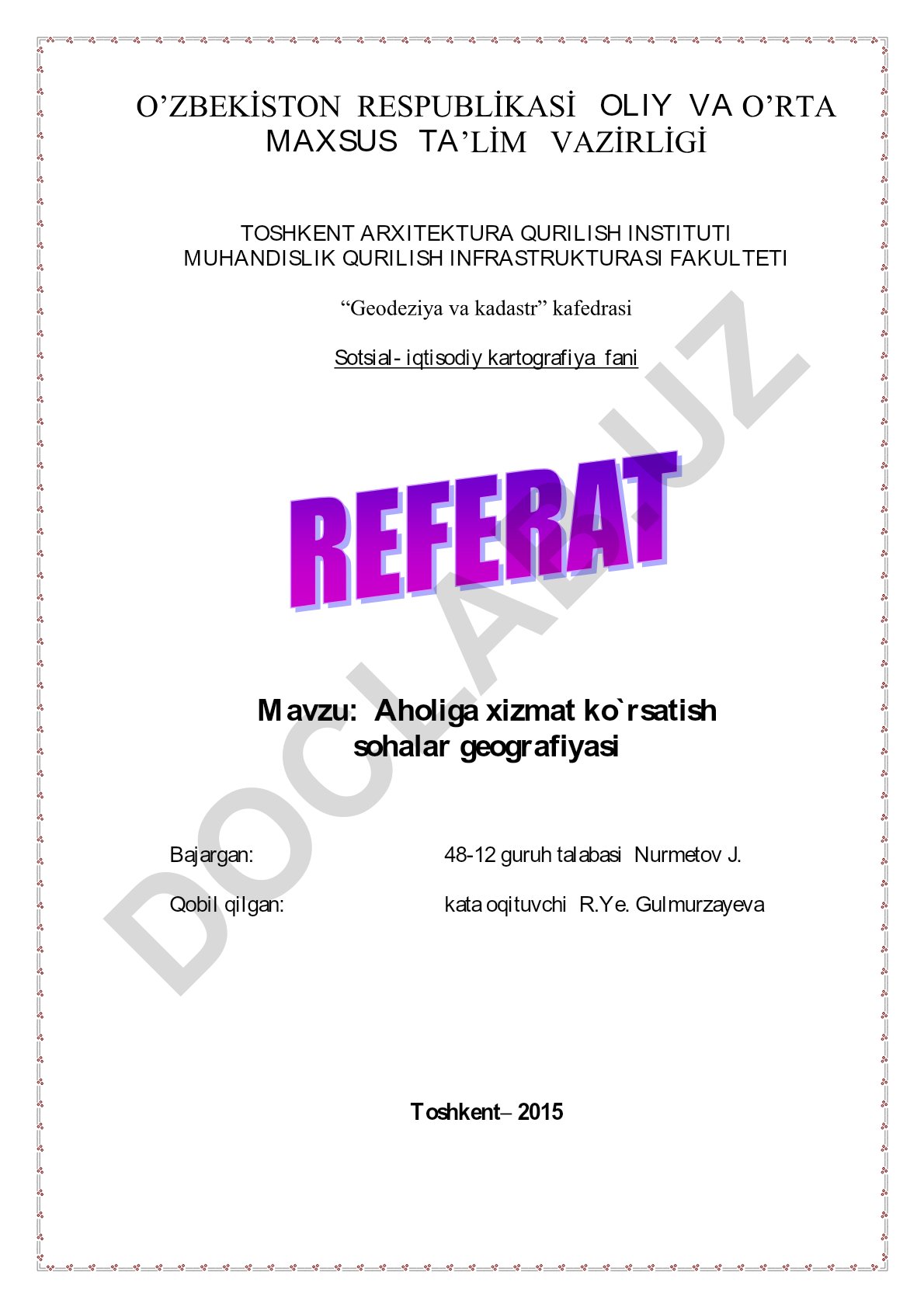 Aholiga xizmat ko'rsatish sohalar geografiyasi