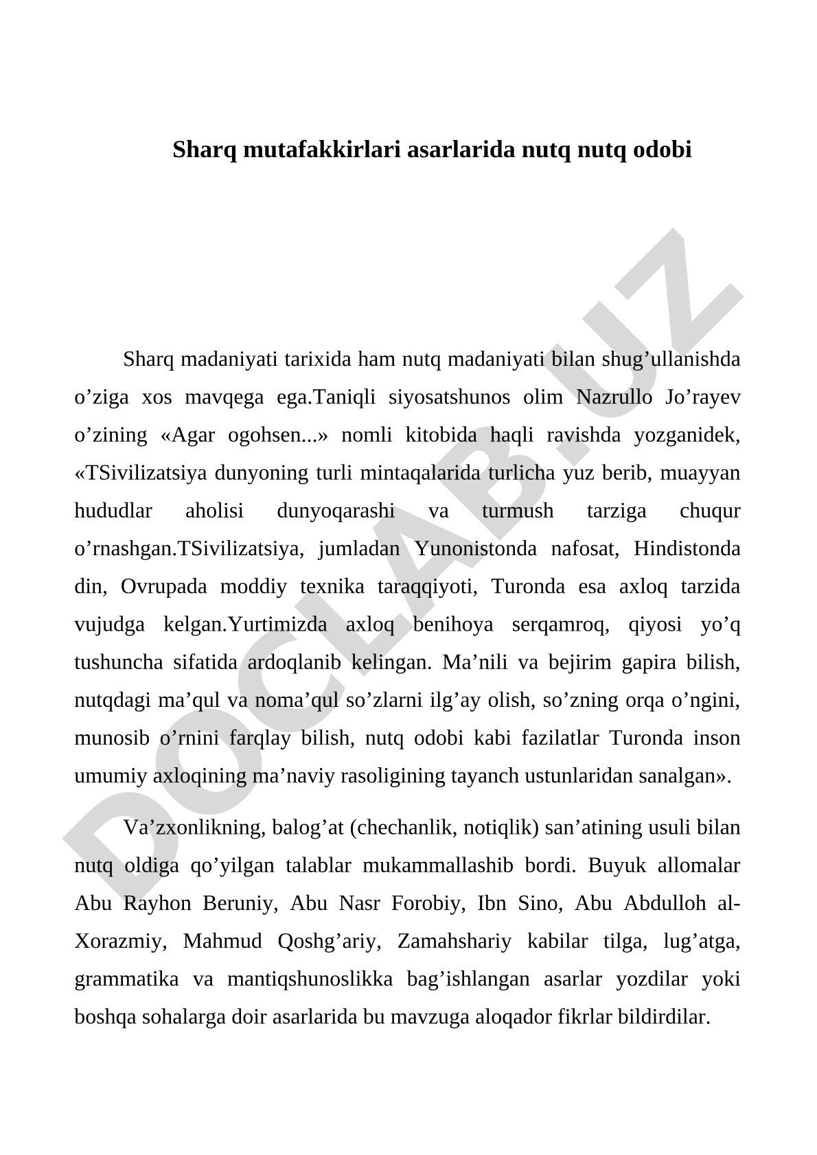 Sharq mutafakkirlari asarlarida nutq odobi