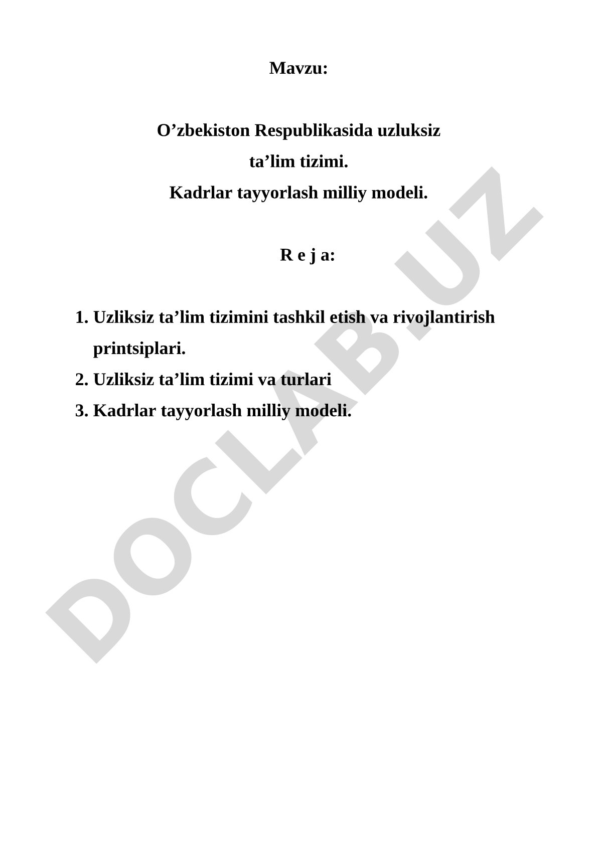 O’zbekiston Respublikasida uzluksiz ta’lim tizimi. Kadrlar tayyorlash milliy modeli