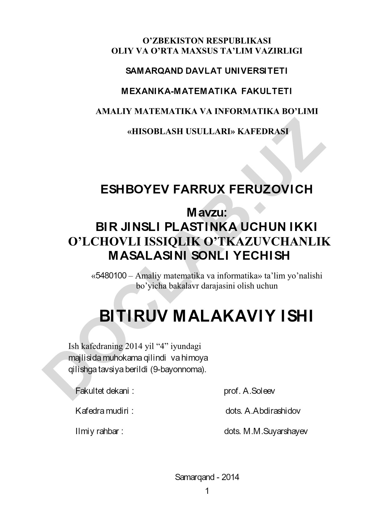 Bir jinsli plastinka uchun ikki o'lchovli issiqlik o'tkazuvchanlik masalasini sonli yechish
