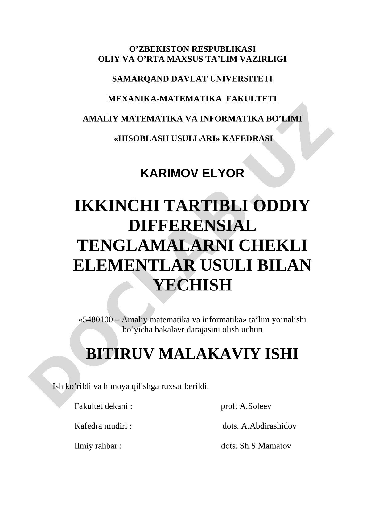 Ikkinchi tartibli oddiy differensial tenglamalarni chekli elementlar usuli bilan yechish