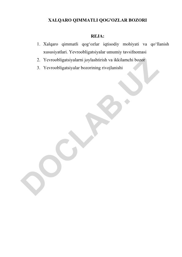 Xalqaro qimmatli qog'ozlar bozori va yevroobligatsiyalar