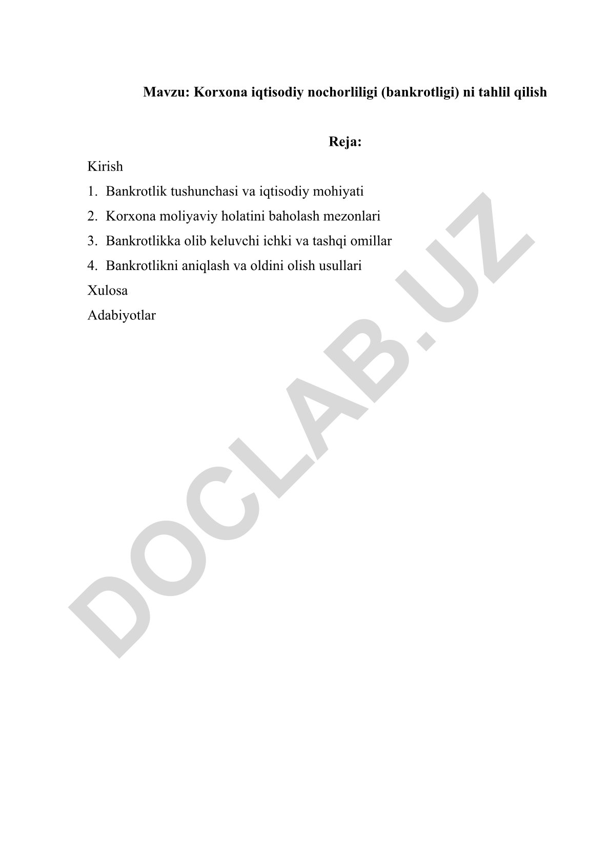 Korxona iqtisodiy nochorliligi (bankrotligi) ni tahlil qilish