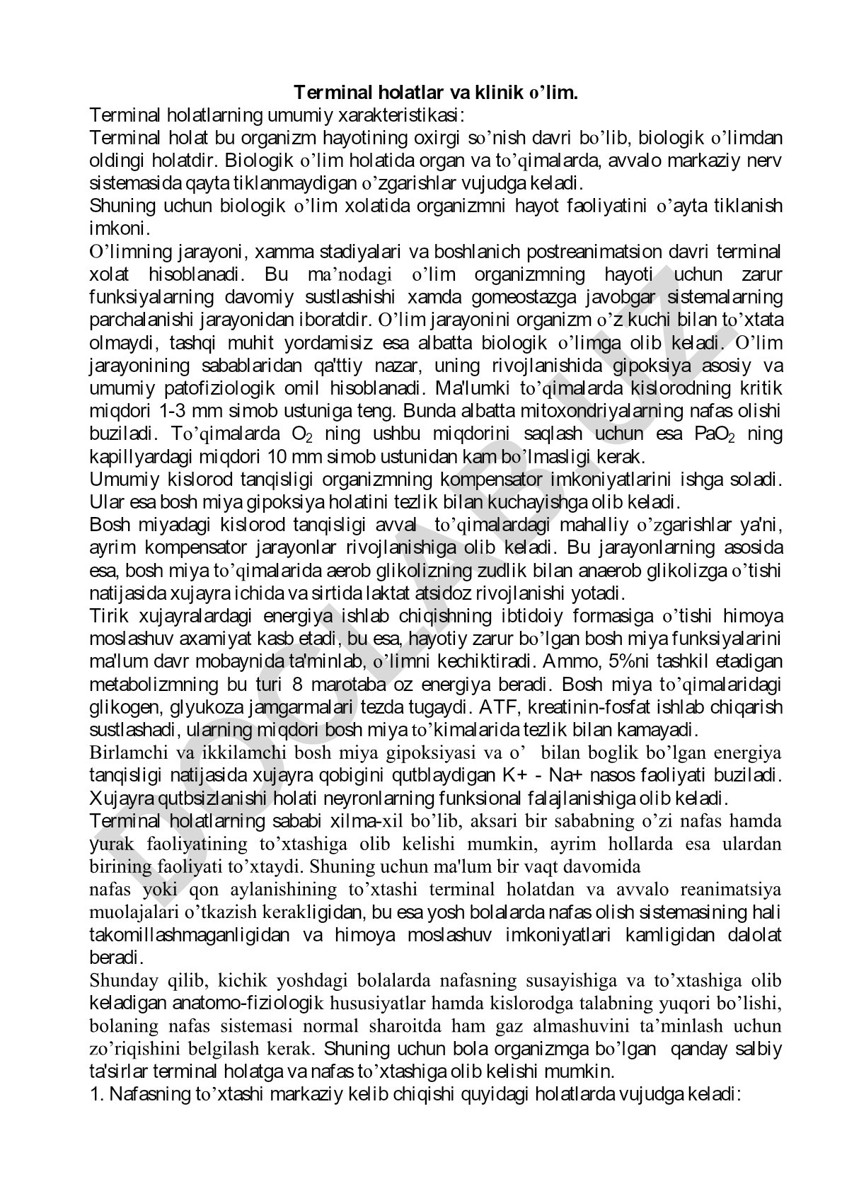 Terminal holatlar va klinik o'lim