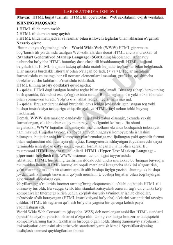 HTML hujjat tuzilishi, operatorlari va web sahifalarini o'qish vositalari