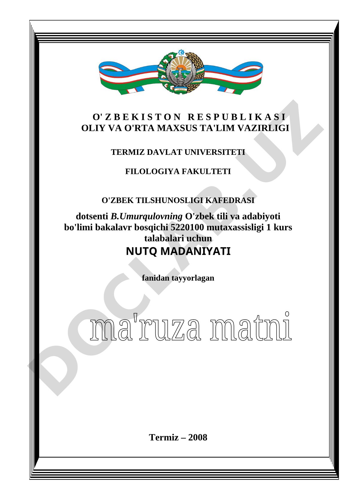 O'zbek nutqi madaniyati masalalari