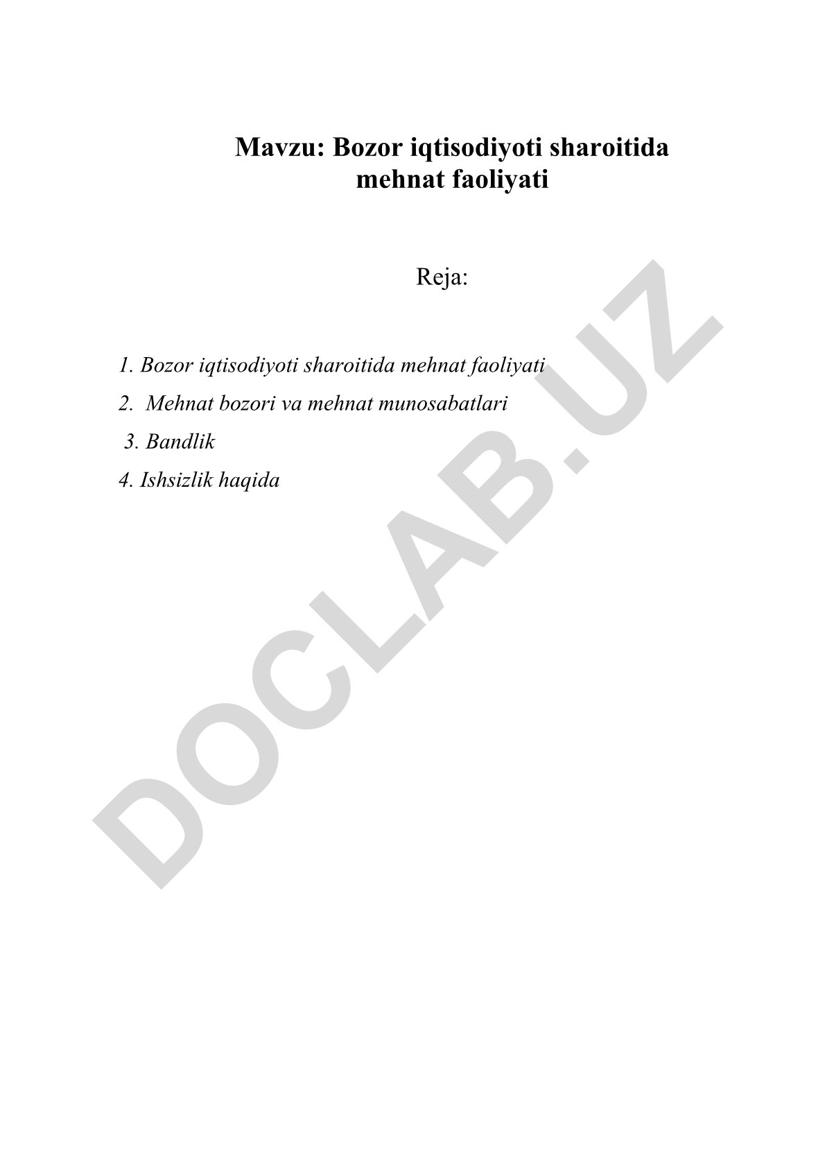 Bozor iqtisodiyoti sharoitida mehnat faoliyati