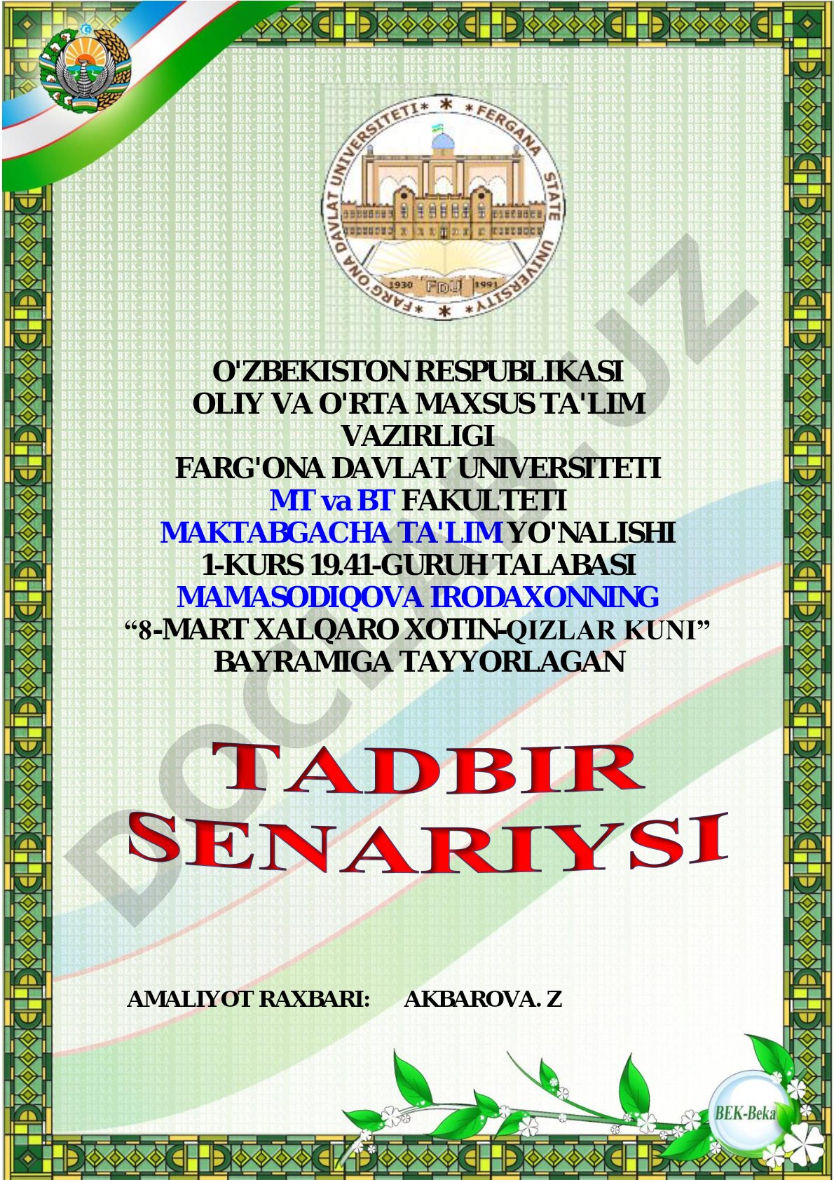 8-Mart Xalqaro Xotin-qizlar Kuni bayramiga tayyorlangan senariy