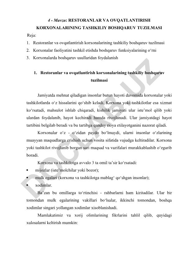 Restoranlar va ovqatlantirish korxonalarining tashkiliy boshqaruv tuzilmasi