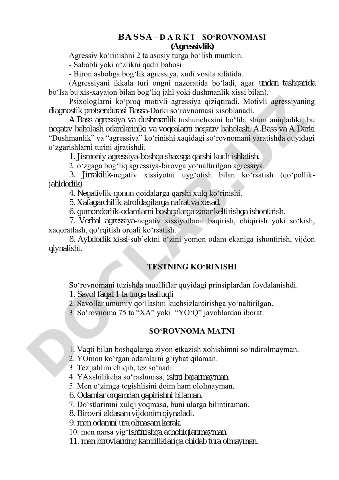 Bassa-Darki so'rovnomasi (Agressivlik)