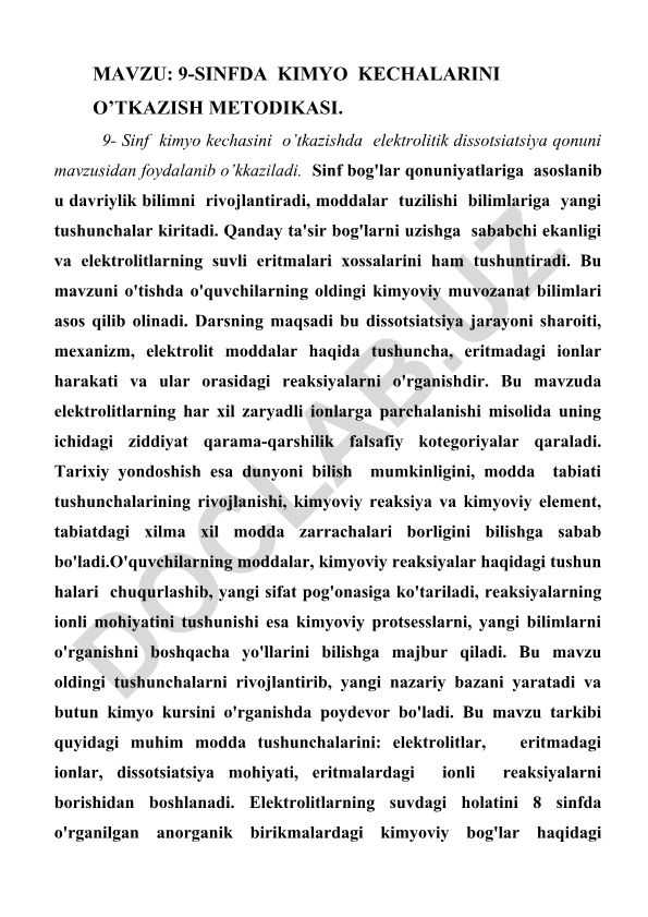 9-sinfda kimyo kechasini o'tkazish metodikasi