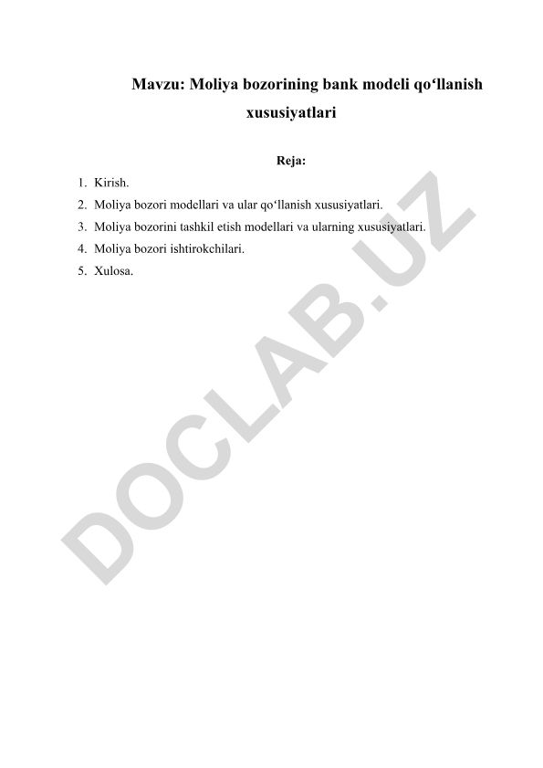 Moliya bozorining bank modeli qoʻllanish xususiyatlari