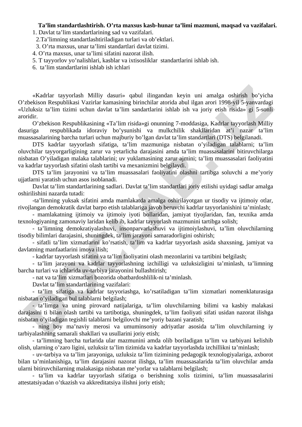 Ta'lim standartlashtirish. O'rta maxsus kasb-hunar ta'limi mazmuni, maqsad va vazifalari