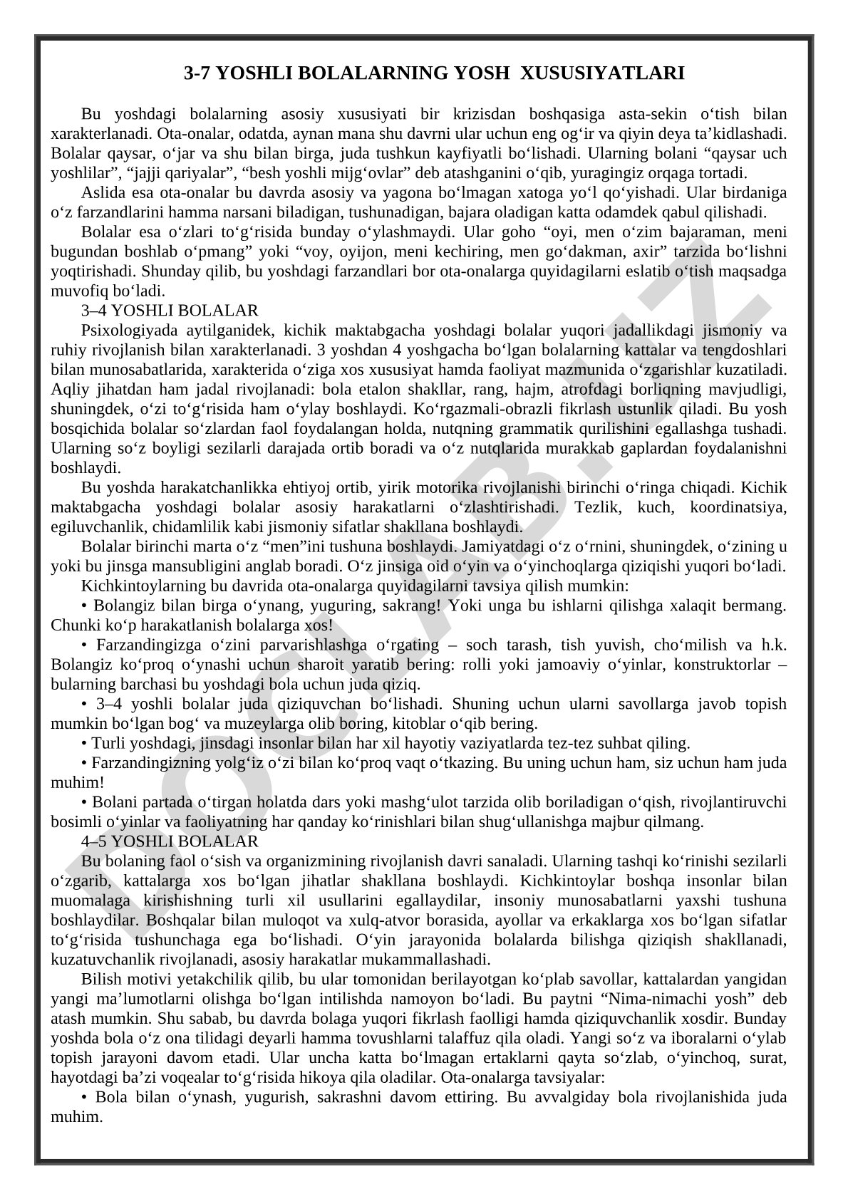 3-7 yoshli bolalarning yosh xususiyatlari
