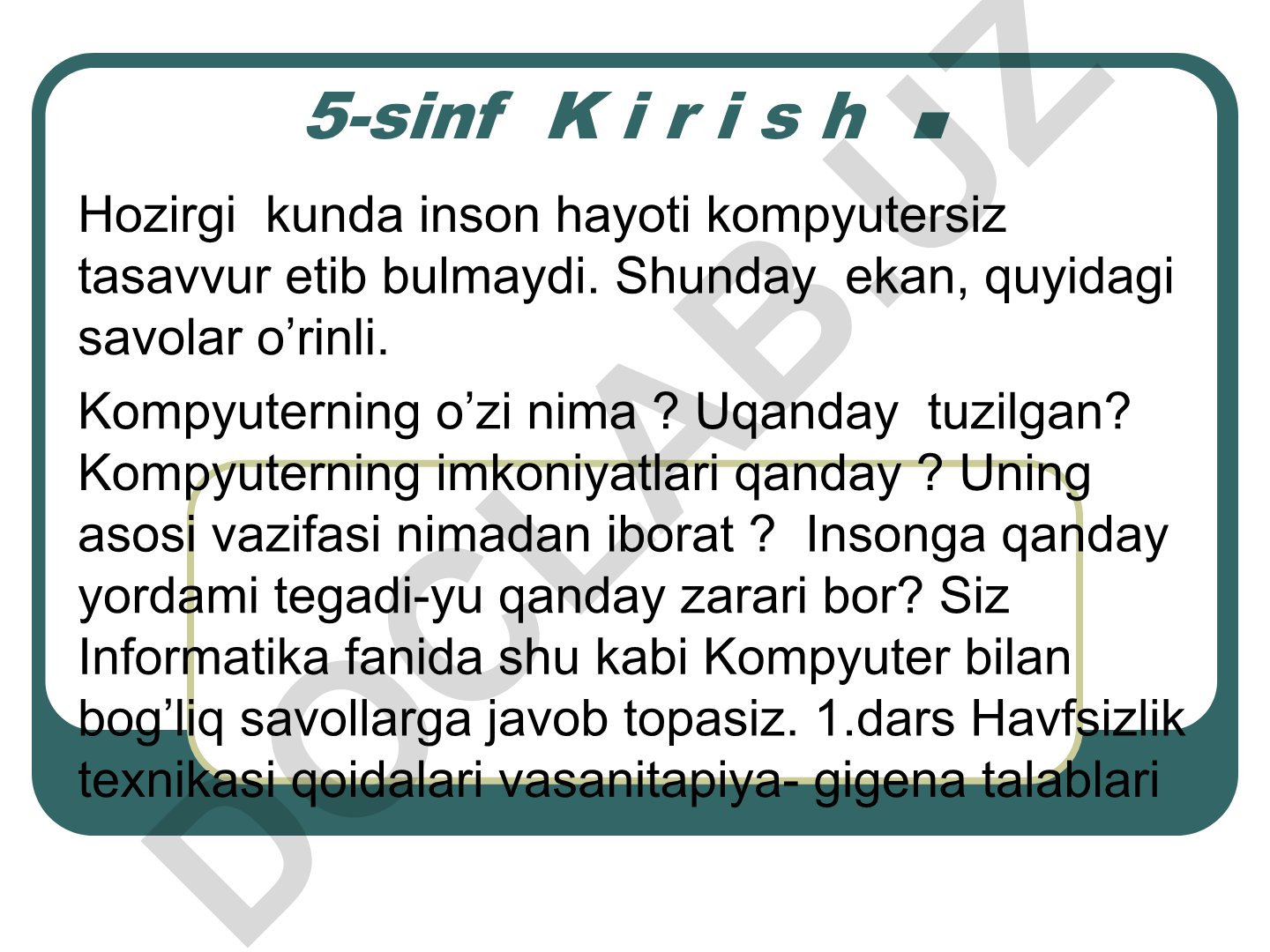 Informatika fanida kompyuter haqida va xavfsizlik texnikasi