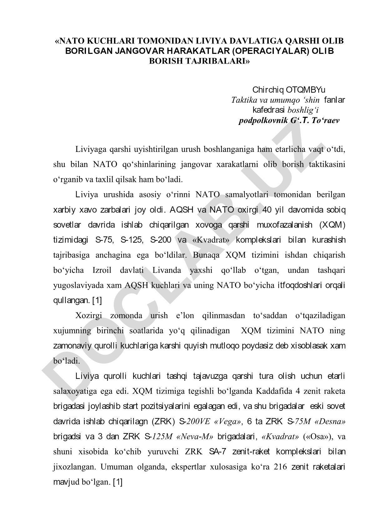 NATO kuchlari tomonidan Liviyaga qarshi olib borilgan jangovar harakatlar tajribalari