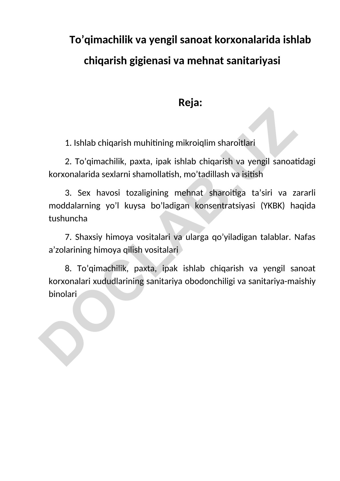 To'qimachilik va yengil sanoat korxonalarida ishlab chiqarish gigienasi va mehnat sanitariyasi