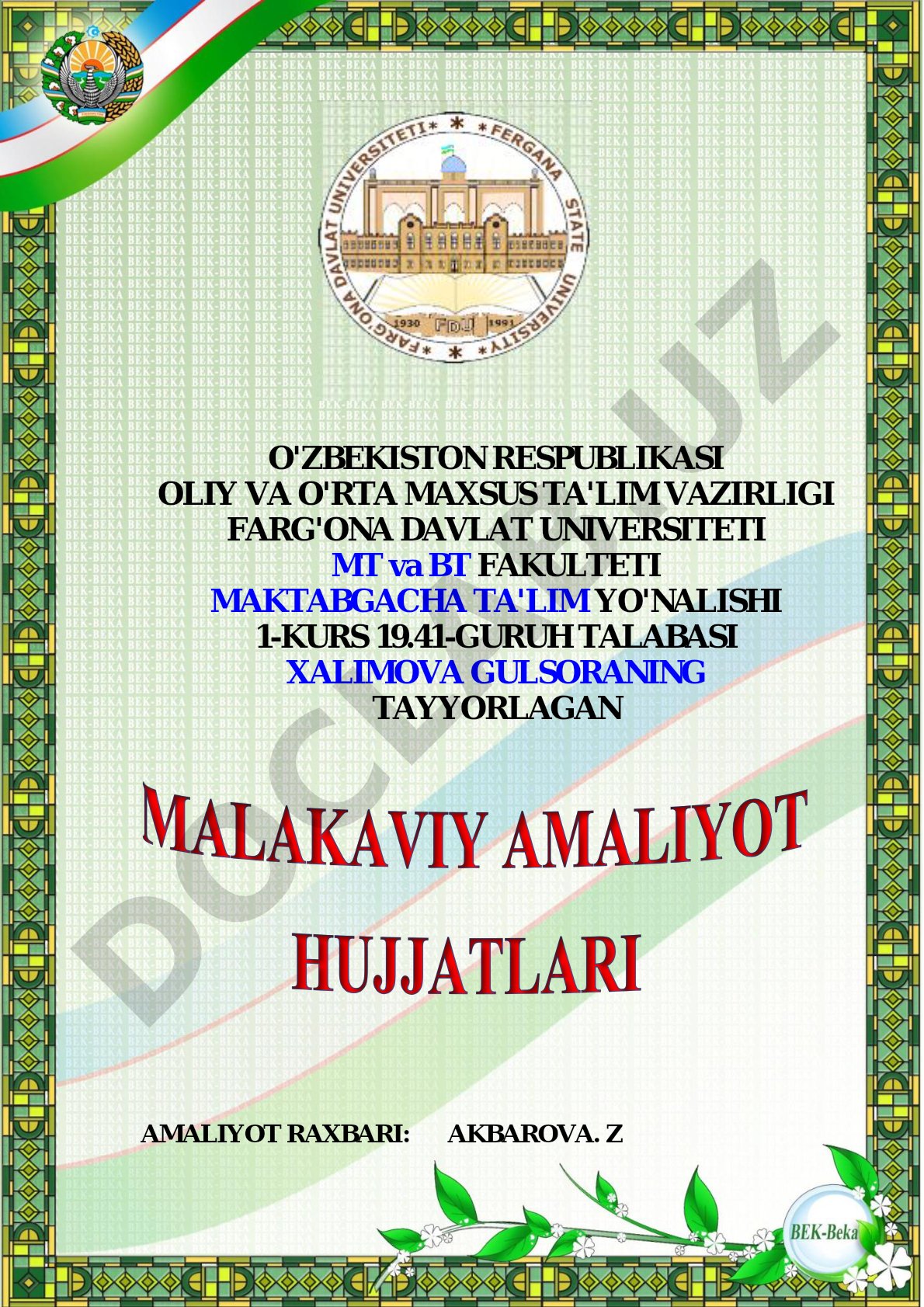 Maktabgacha ta'lim yo'nalishi amaliyot ishi