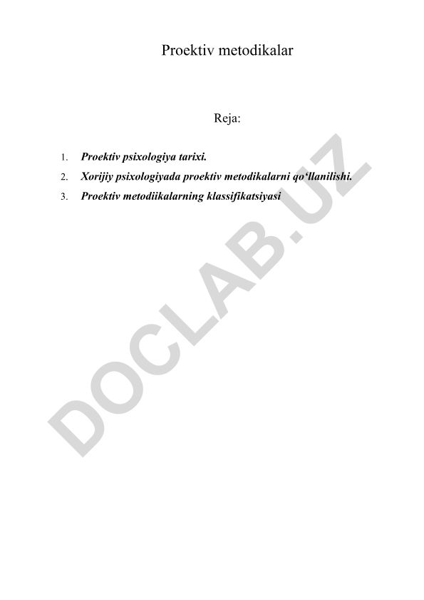 Proektiv metodikalar va proeksiya tushunchasi