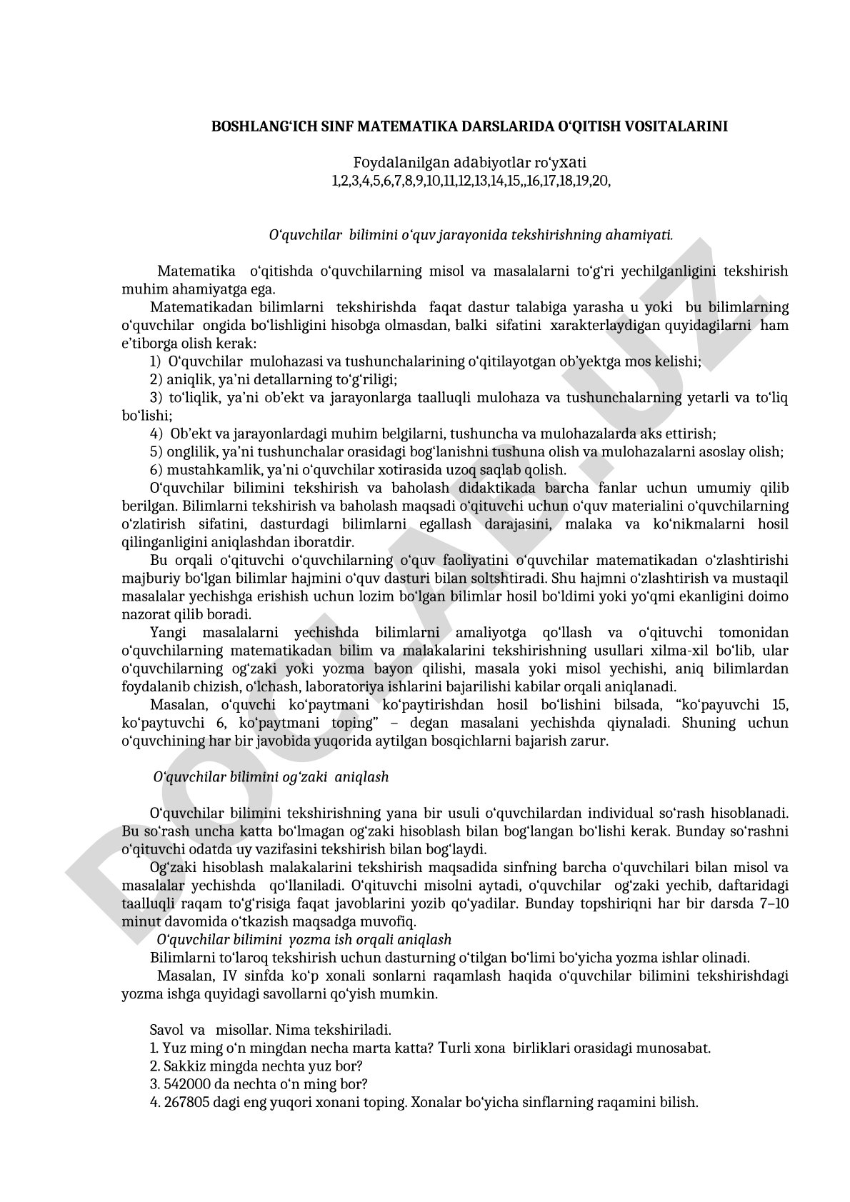 Boshlang'ich sinf matematika darslarida o'qitish vositalari