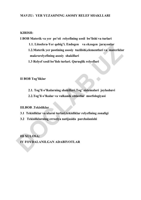 Yer yuzasining asosiy relyef shakllari