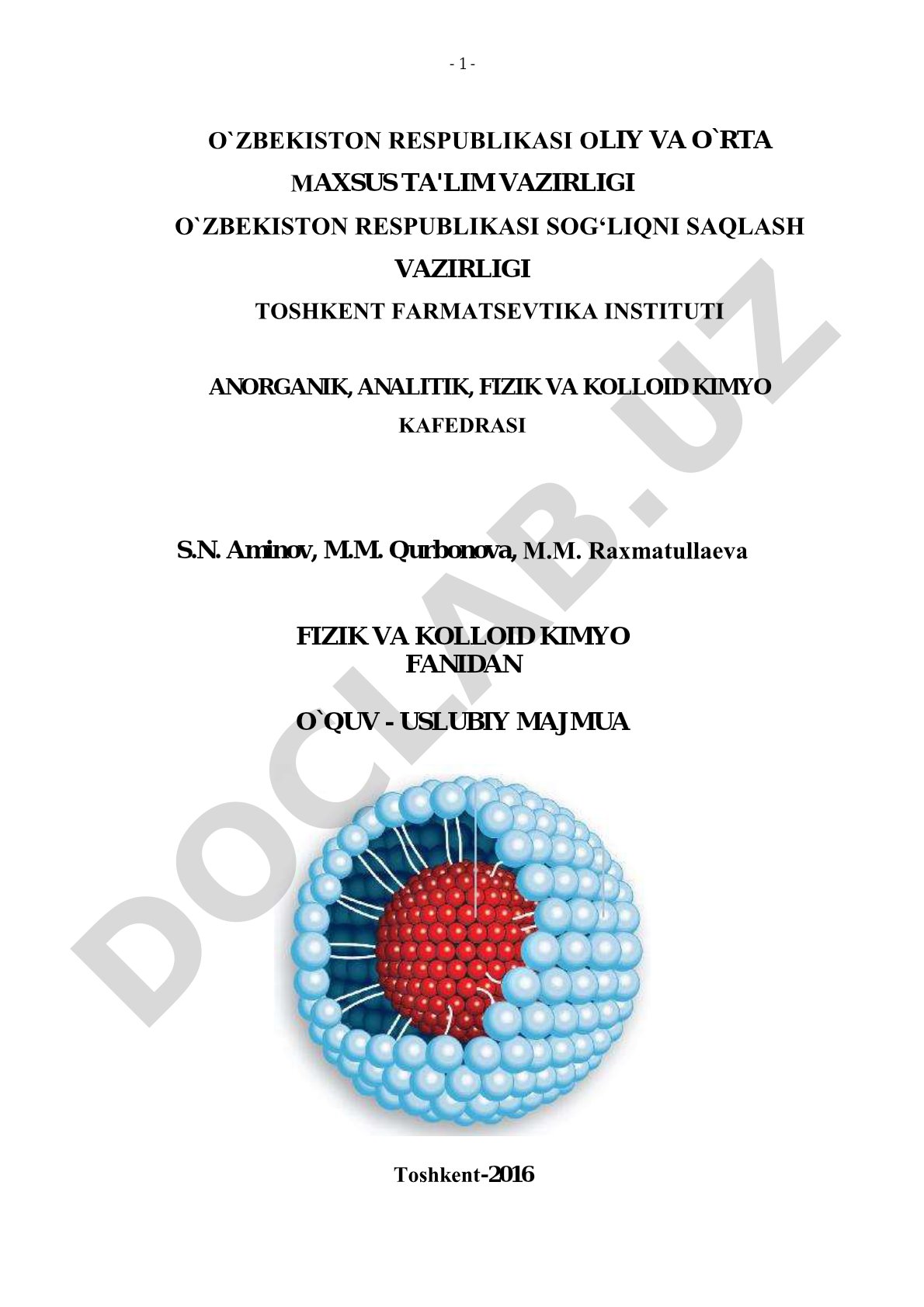 Fizik va kolloid kimyo fanidan o'quv-uslubiy majmua