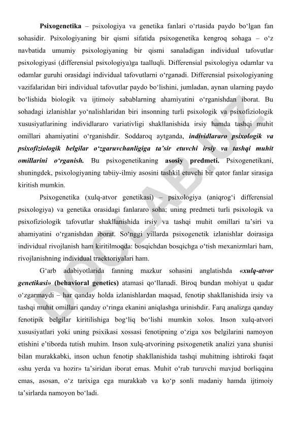 Psixogenetika fanining predmeti va vazifalari