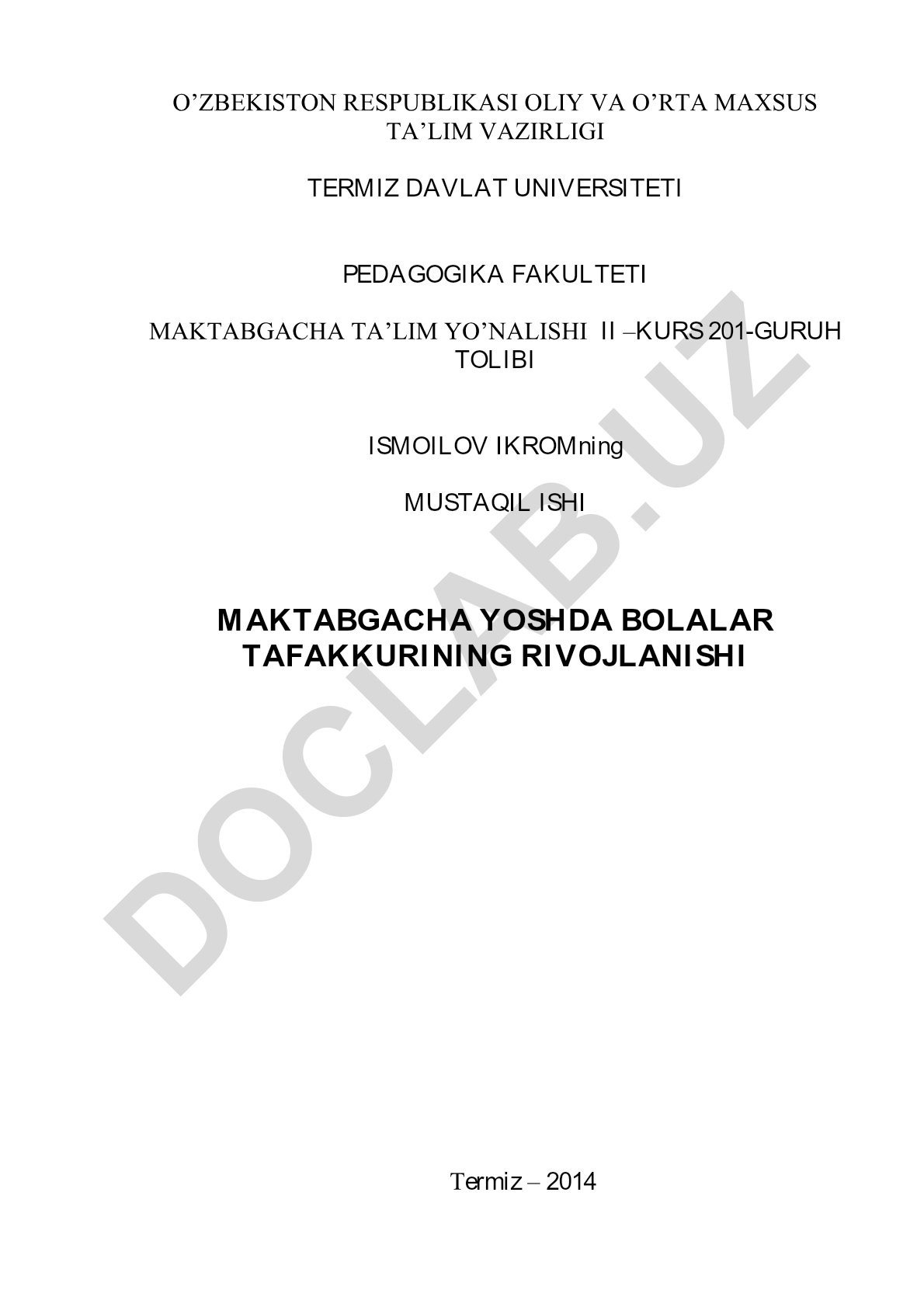 Maktabgacha yoshda bolalar tafakkurining rivojlanishi