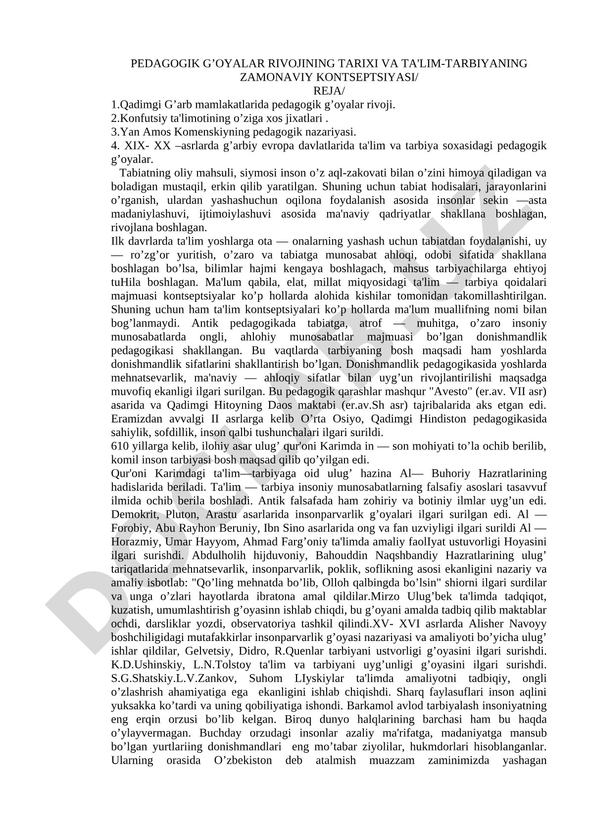 Pedagogik g'oyalar rivojining tarixi va ta'lim-tarbiyaning zamonaviy konsepsiyasi