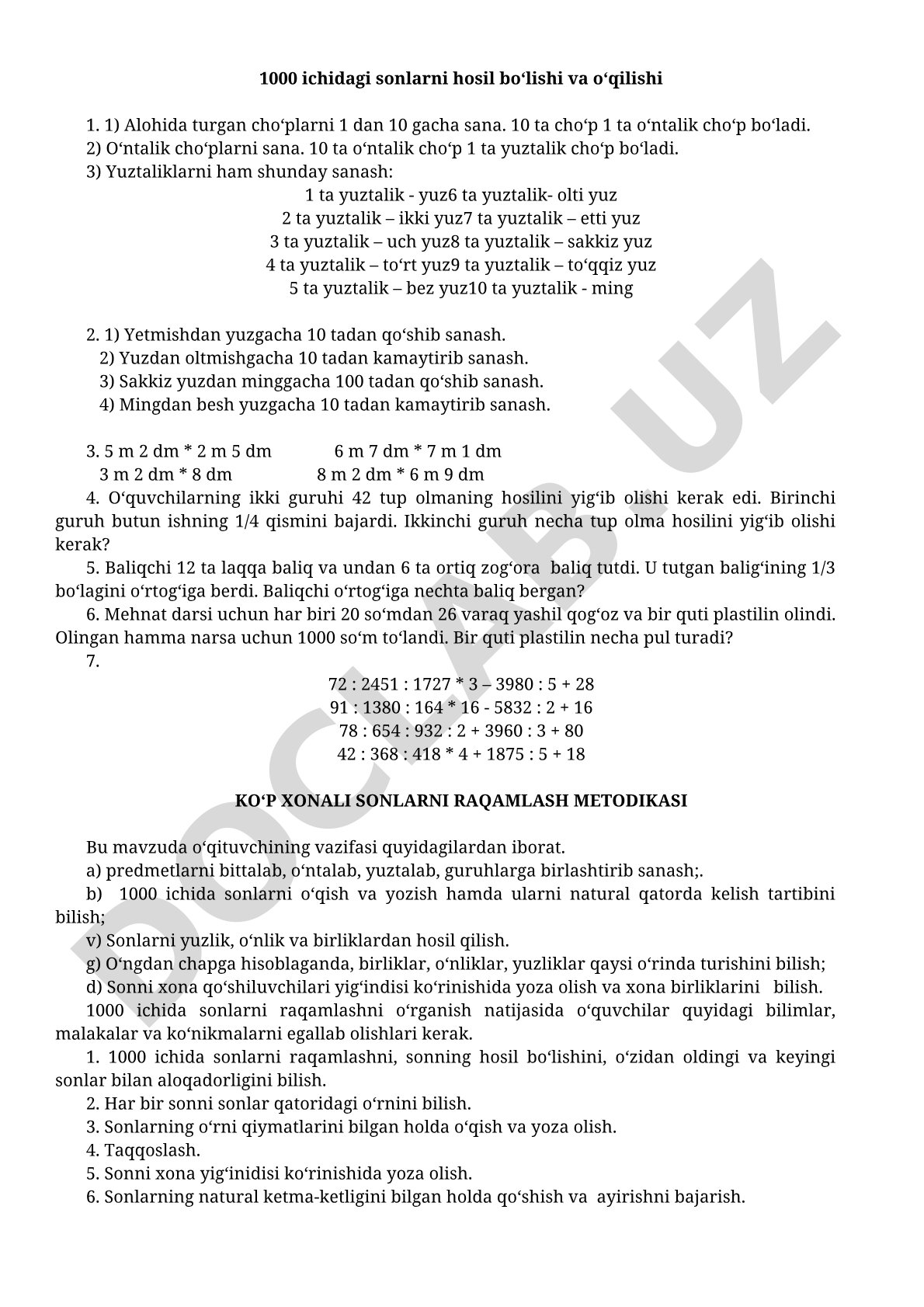 1000 ichidagi sonlarni hosil bo‘lishi va o‘qilishi