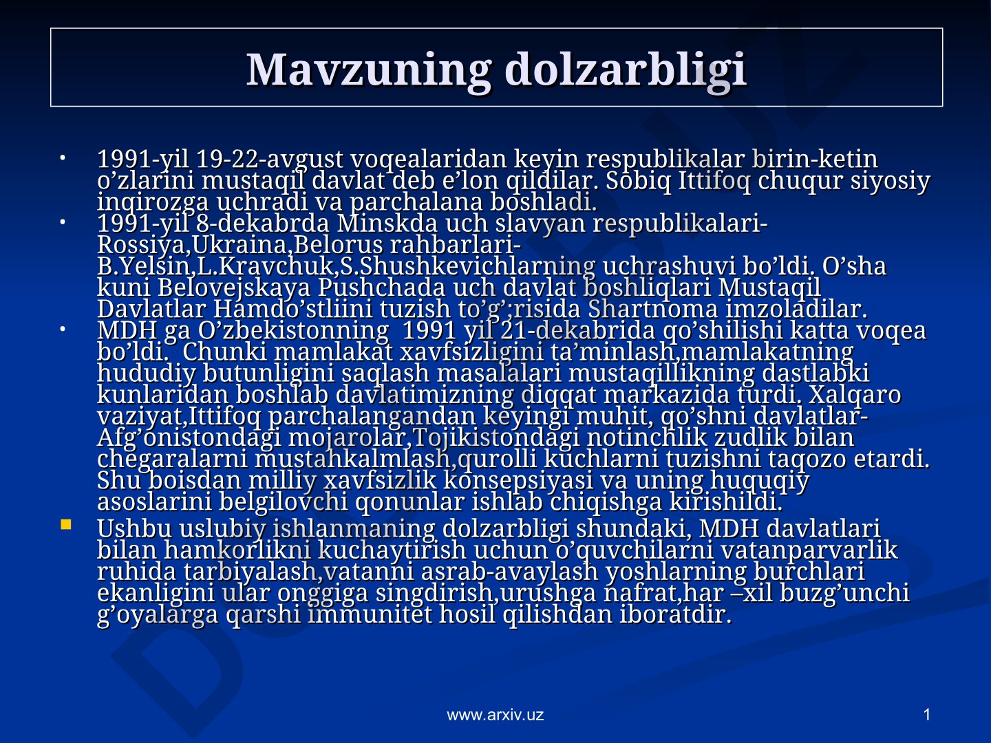 MDH tashkil etilishi va O'zbekistonning xavfsizlik siyosati