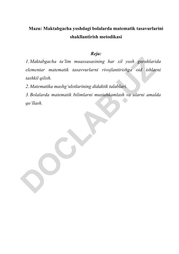 Maktabgacha yoshdagi bolalarda matematik tasavvurlarni shakllantirish metodikasi