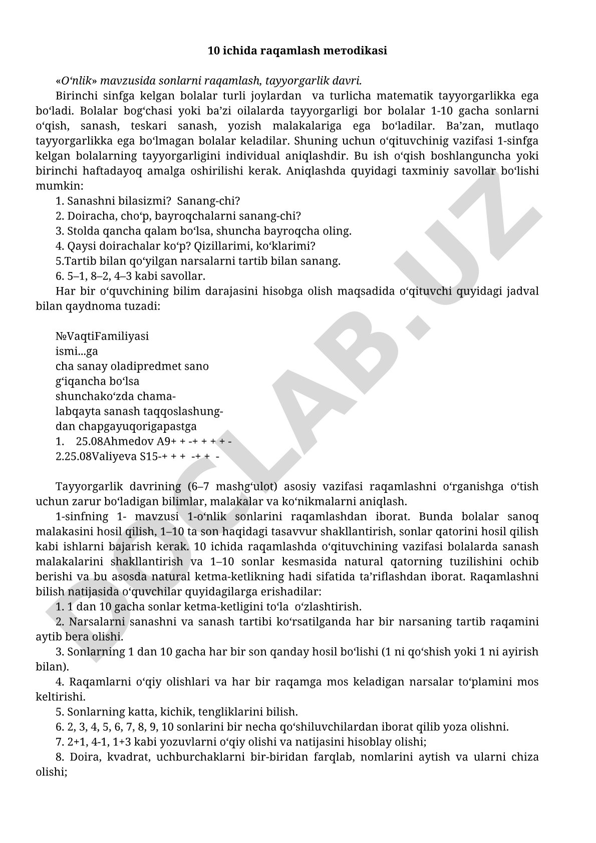 10 ichida raqamlash metodikasi «O‘nlik» mavzusida sonlarni raqamlash, tayyorgarlik davri