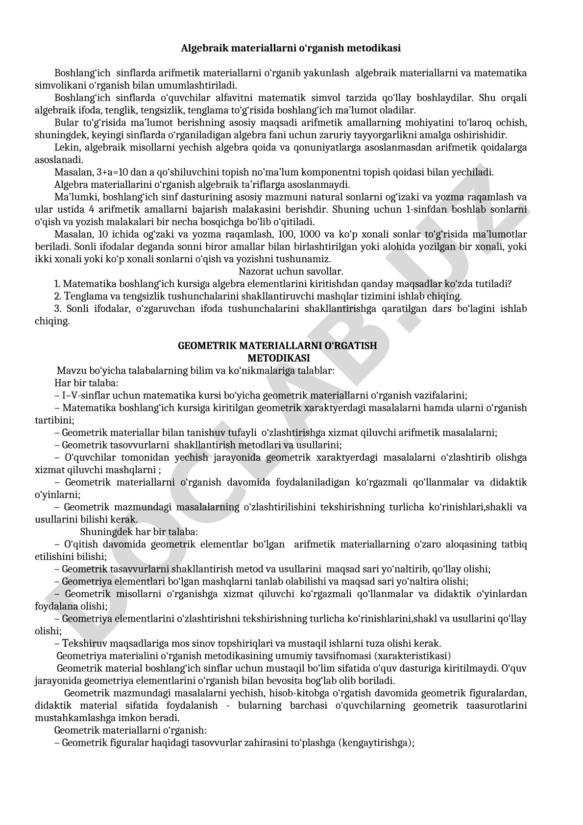 Boshlang'ich sinflarda algebraik materiallarni o'rganish metodikasi