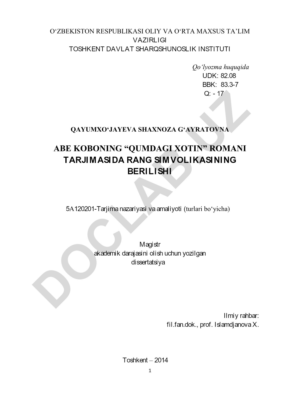 Abe Koboning 'Qumdagi xotin' romanida rang simvolikasining berilishi