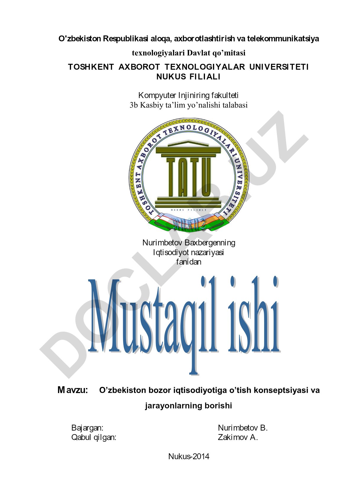 O'zbekiston bozor iqtisodiyotiga o'tish konseptsiyasi va jarayonlarning borishi