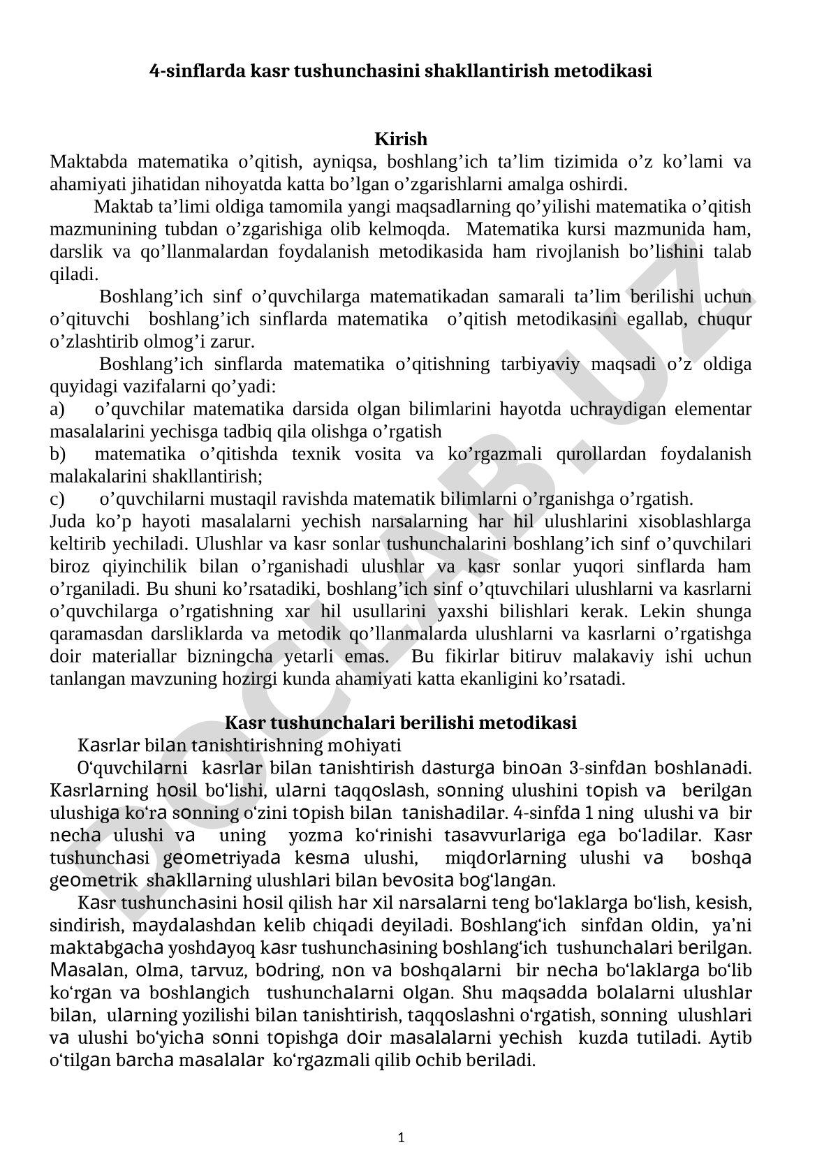 4-sinflarda kasr tushunchasini shakllantirish metodikasi