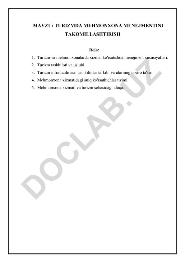 Turizmda mehmonxona menejmentini takomillashtirish