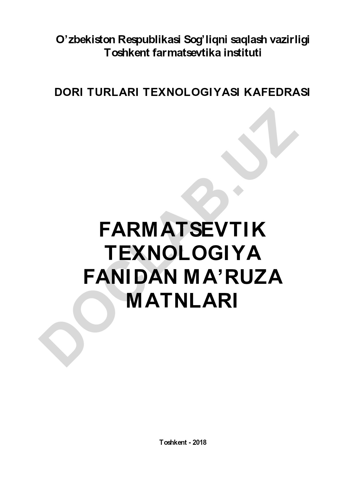 Farmatsevtika texnologiyasi fanidan ma'ruza matnlari