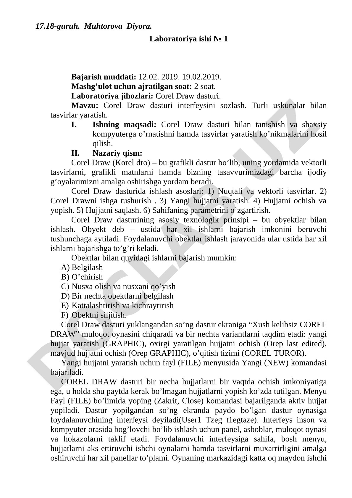 Corel Draw dasturi interfeysini sozlash va turli uskunalar bilan tasvirlar yaratish