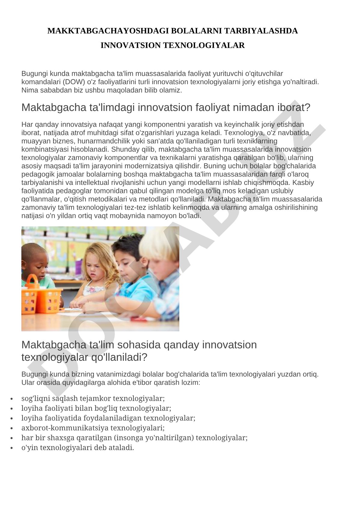 Maktabgacha yoshdagi bolalarni tarbiyalashda innovatsion texnologiyalar