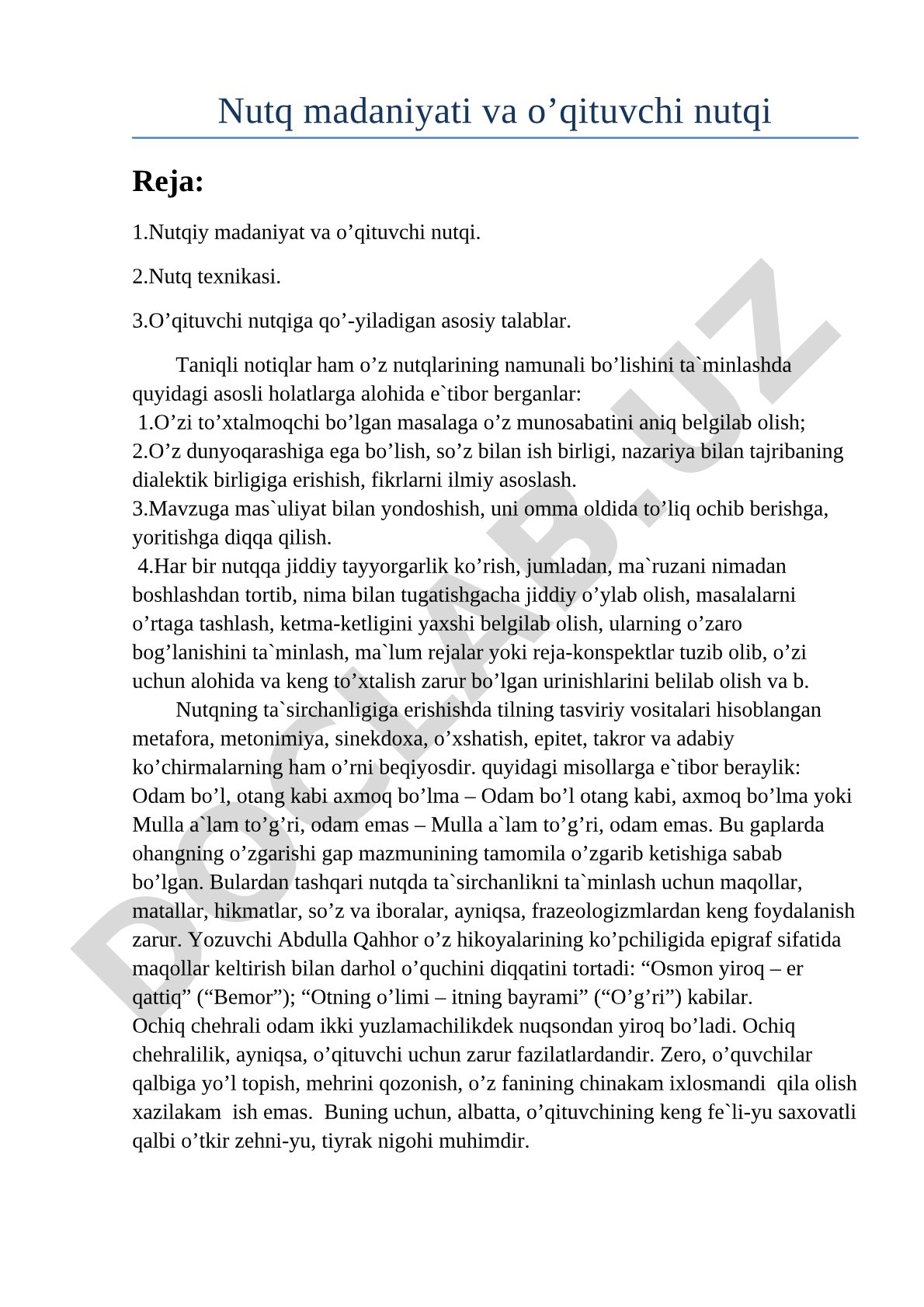 Nutq madaniyati va o'qituvchi nutqi