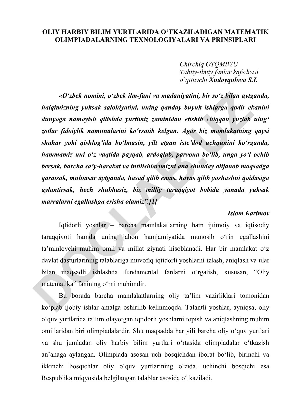 Oliy harbiy bilim yurtlarida o‘tkaziladigan matematik olimpiadalar texnologiyalari va prinsiplari