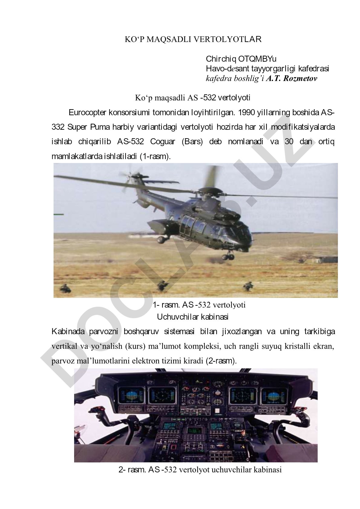 Ko‘p maqsadli AS-532 vertolyotining taktik-texnik xususiyatlari