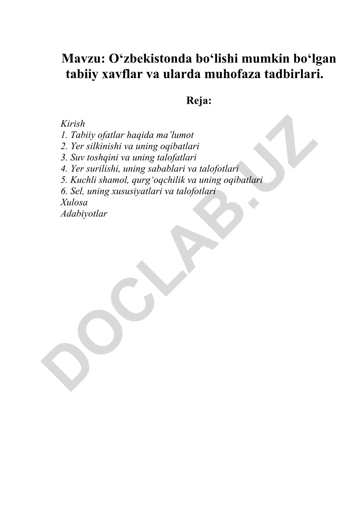 O‘zbekistonda bo‘lishi mumkin bo‘lgan tabiiy xavflar va ularda muhofaza tadbirlari